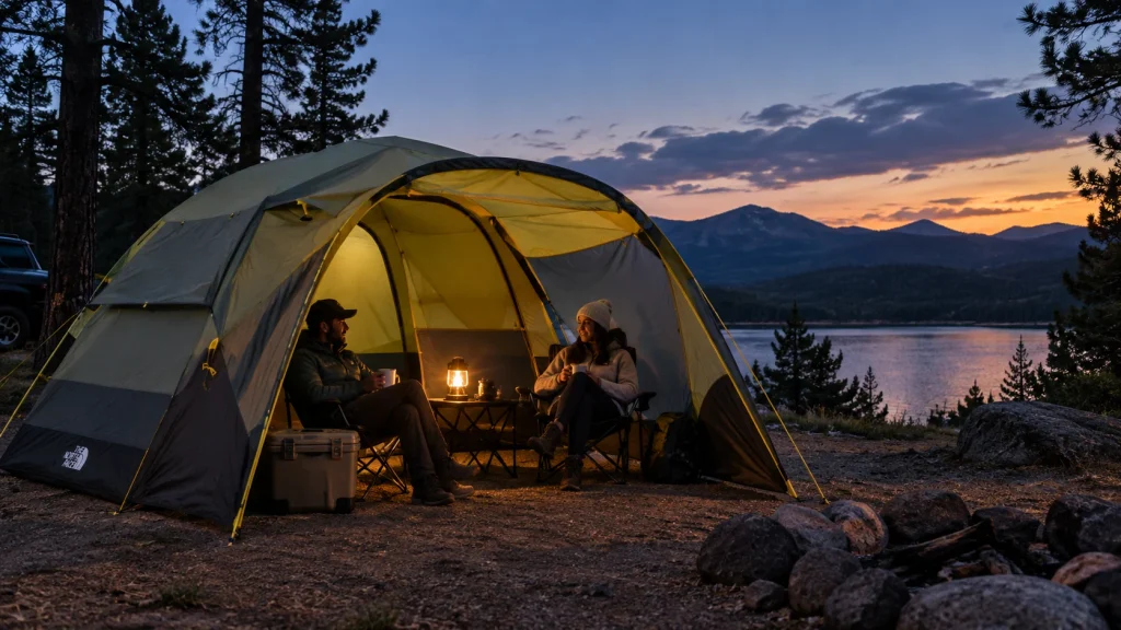 Family relaxing under The North Face Wawona 4 vestibule at dusk