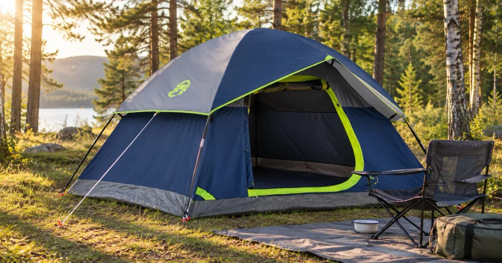 Coleman Sundome 4-person family tents pitched at a forest campsite