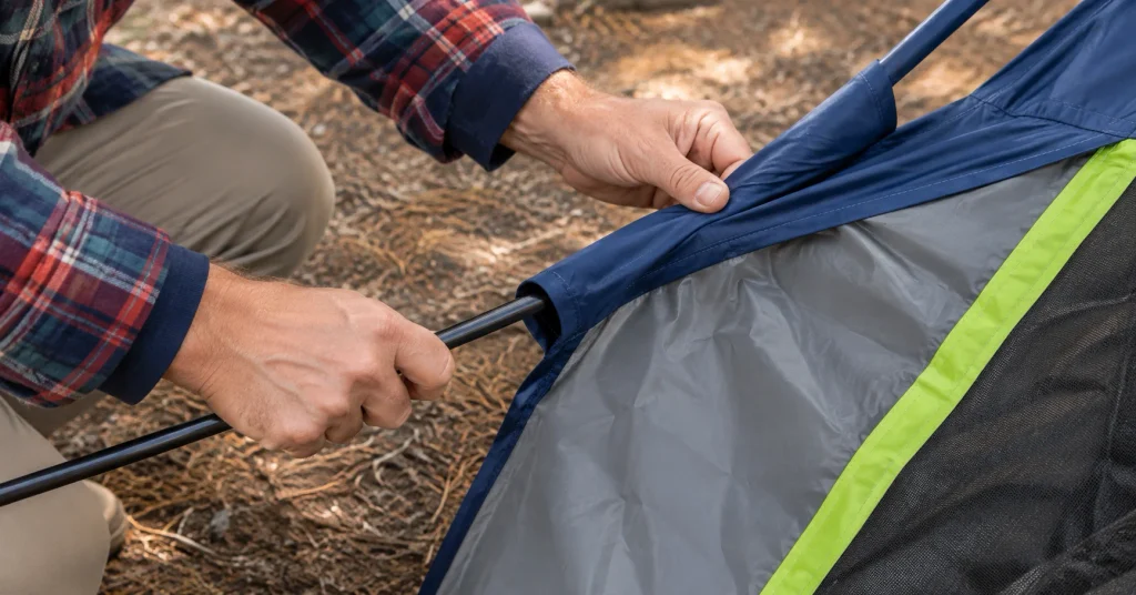 Hands sliding a pole through the Coleman Sundome snag-free pole sleeve