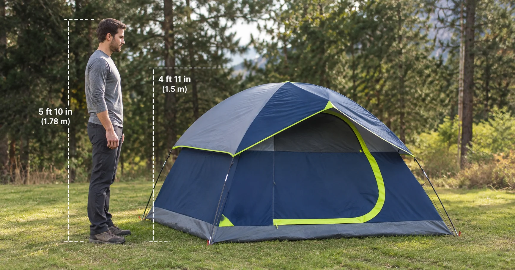 Adult standing beside the Coleman Sundome 4-person tent showing its low peak height