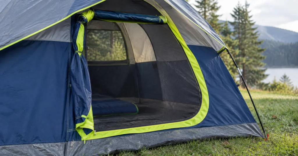 Coleman Sundome 4-person tent D-shaped front door open with lime-green trim