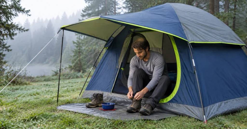 Man tying his shoes under the door awning of the Coleman Sundome 4-person tent