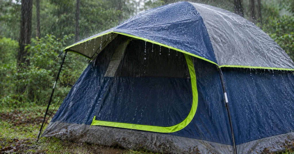 Rain falling on the Coleman Sundome 4-person tent in a forest