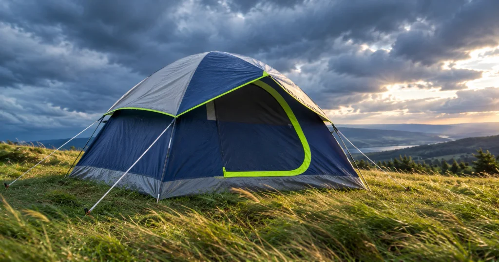 Coleman Sundome 4-person tent staked out on a windy hilltop