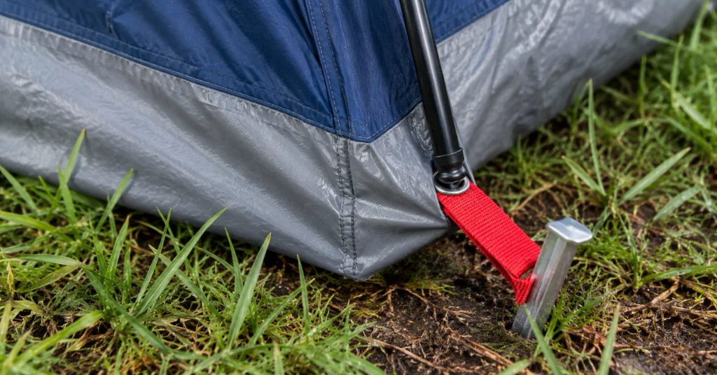 Close-up of the Coleman Sundome tent welded corner and floor edge
