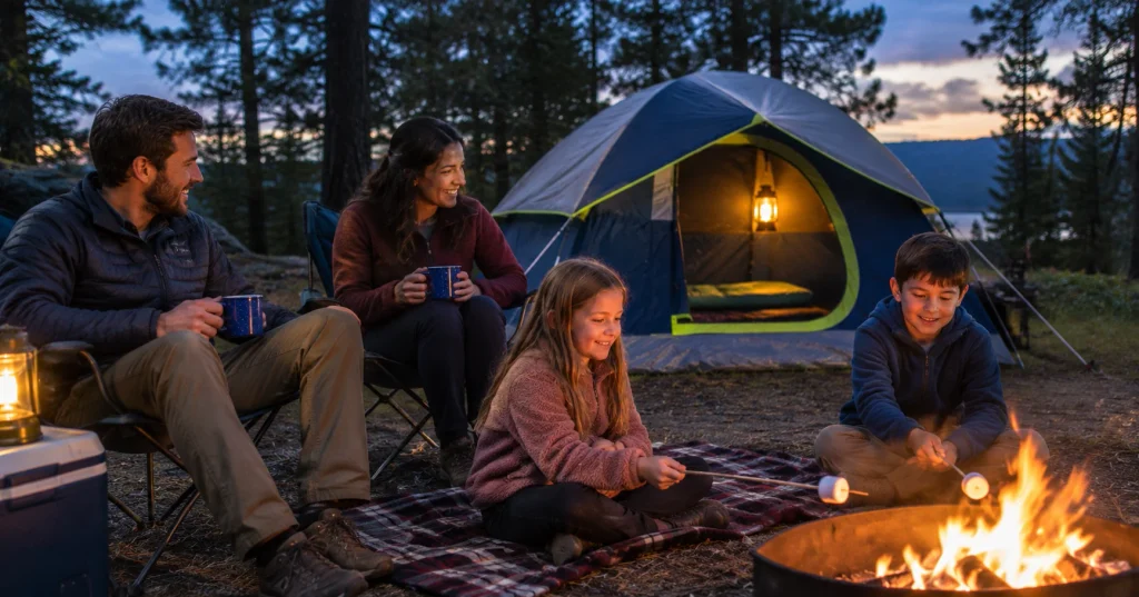 Family relaxing outside the Coleman Sundome 4-person tent at dusk