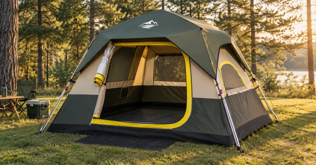Purebox 4-person instant cabin tent pitched at a grassy campsite
