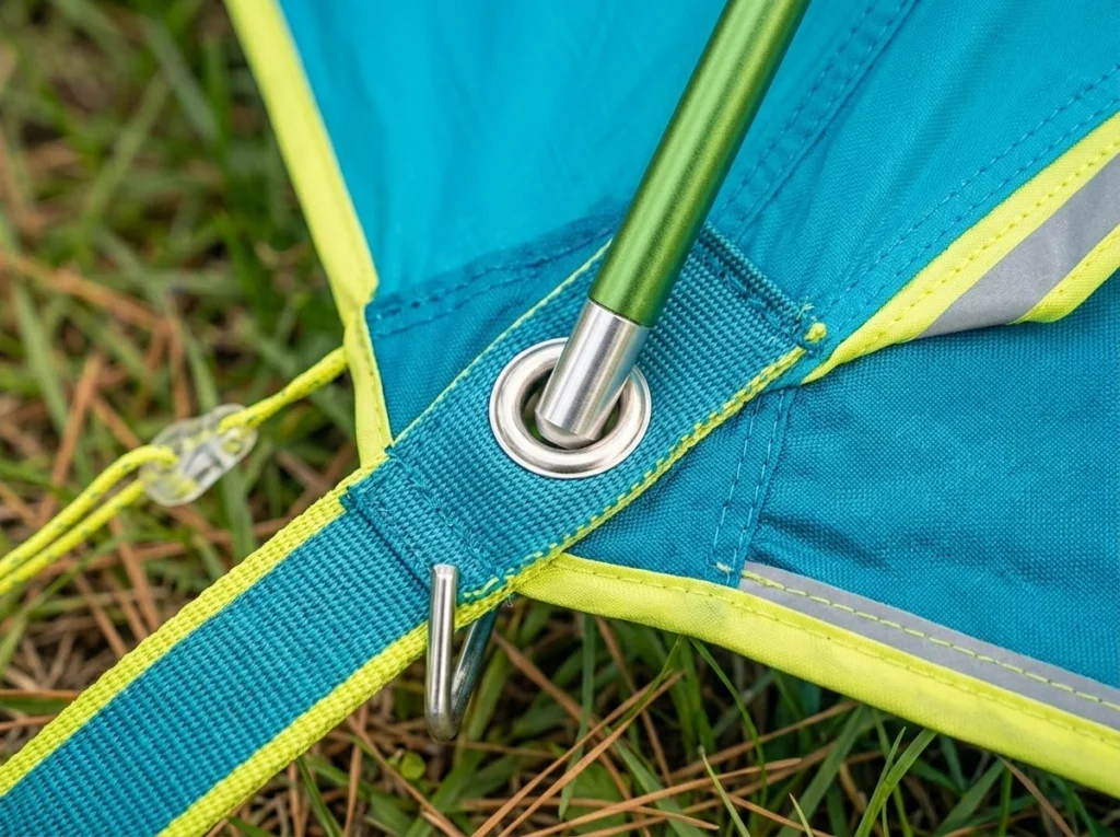 Close-up of NEMO Aurora Highrise 4P corner webbing and pole attachment