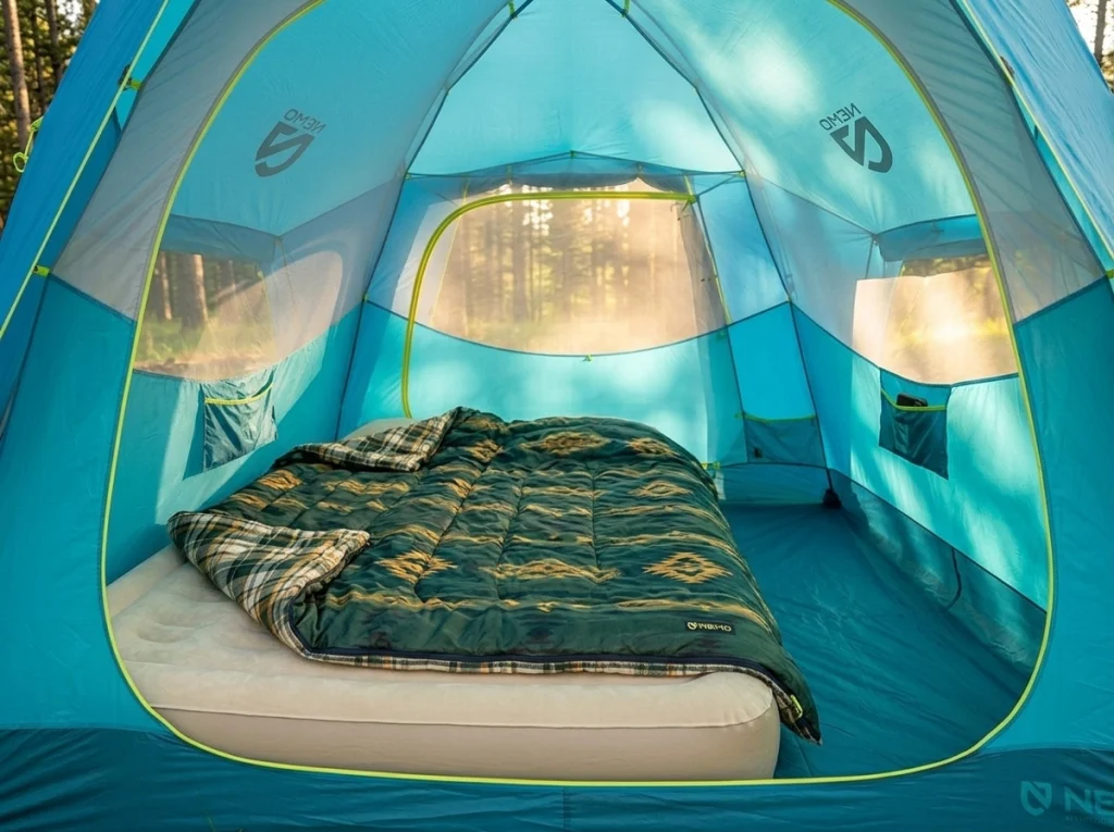 Interior of NEMO Aurora Highrise 4P with air mattress showing sleeping capacity