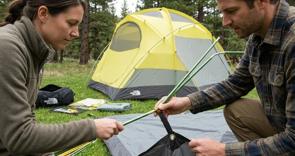 Two people setting up The North Face Wawona 4 using color-coded poles