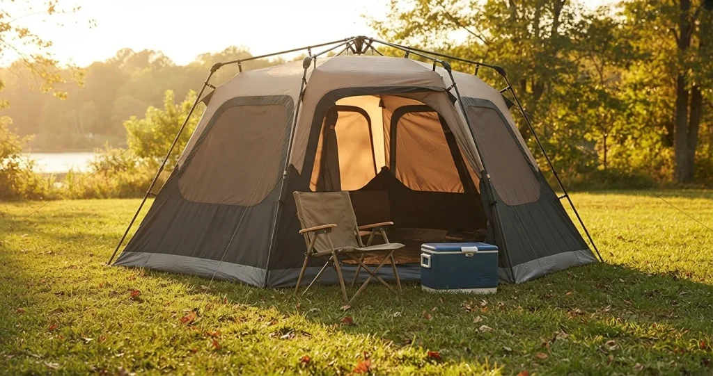 Coleman instant Family tent pitched at a campsite