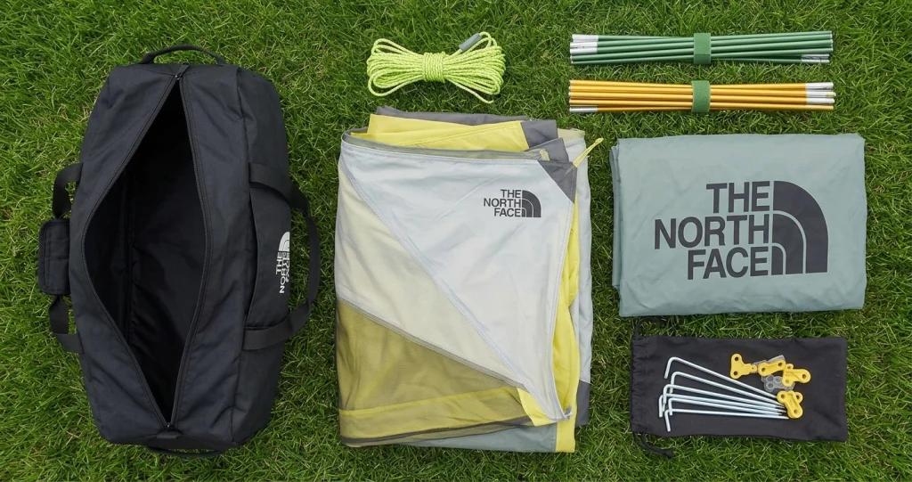 North Face Wawona 4 tent components laid out including poles rainfly and stakes
