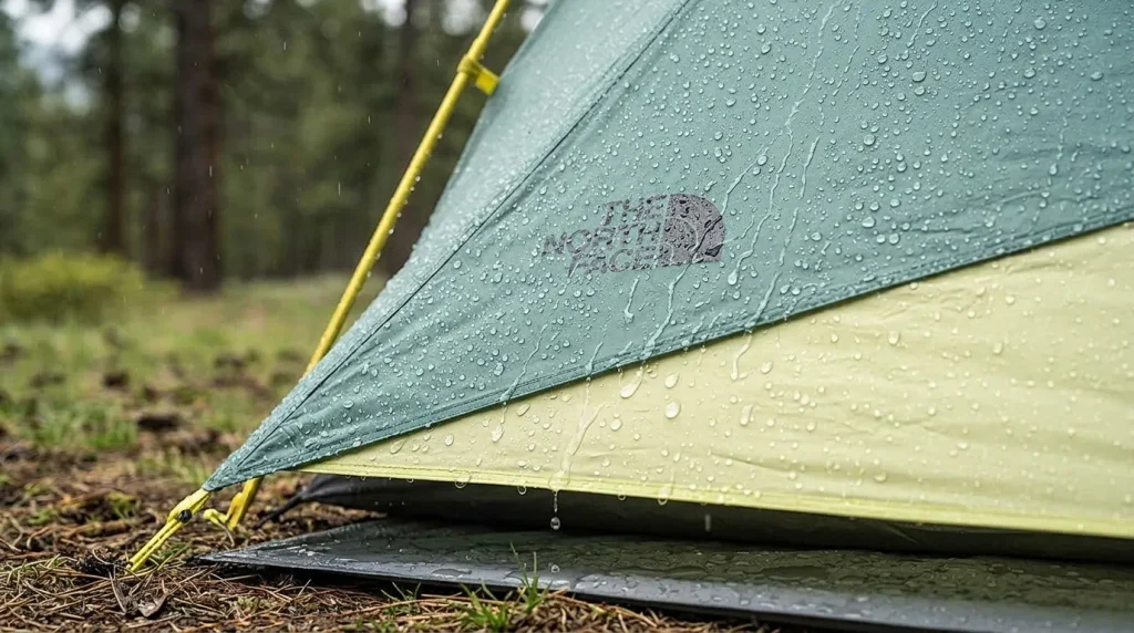 Rain beading on The North Face Wawona 4 rainfly during light rain