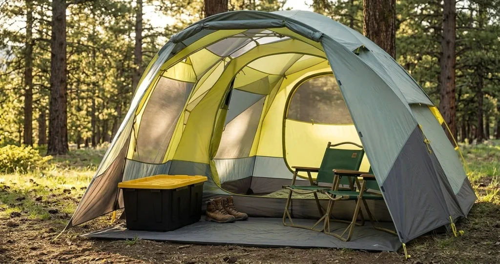 Gear stored in The North Face Wawona 4 front vestibule