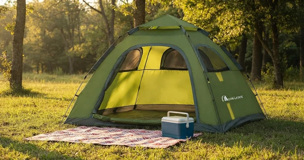 MOON LENCE pop up family tents pitched at a campsite