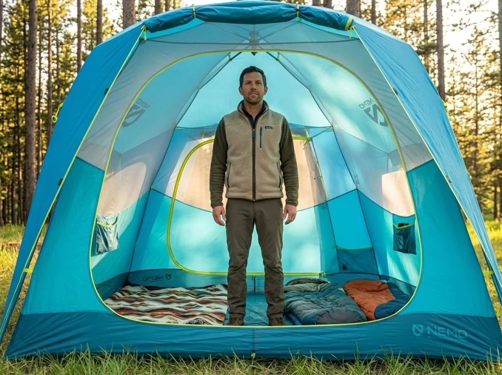 Adult standing upright inside the NEMO Aurora Highrise 4P showing headroom