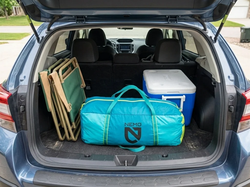 NEMO Aurora Highrise 4P packed into its carry bag next to camping gear