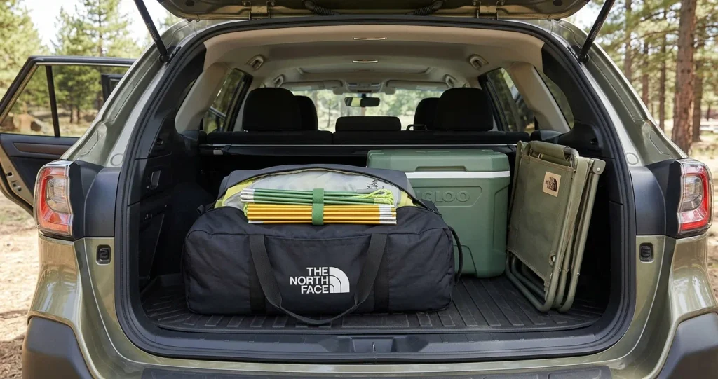 North Face Wawona 4 packed into its duffel bag next to camping gear