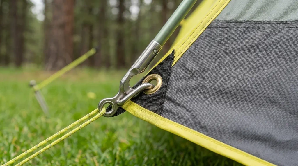 Close-up of North Face Wawona 4 pole attachment and floor material