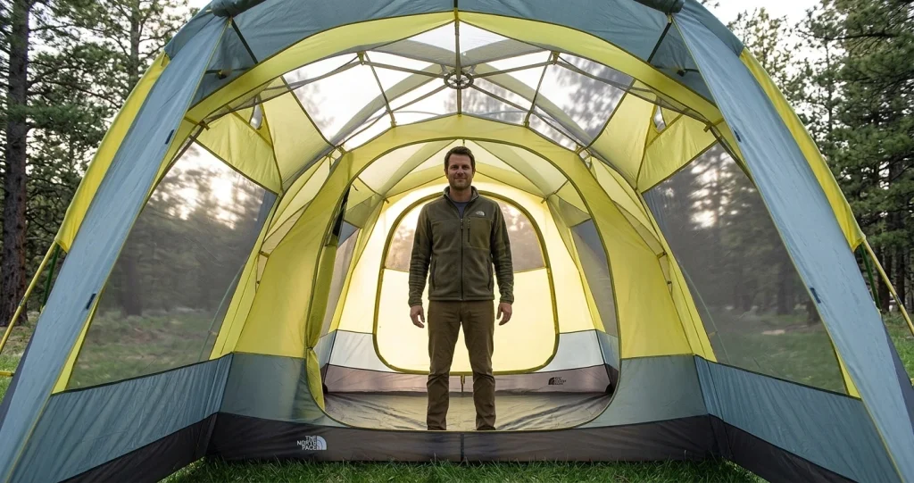 Adult standing inside The North Face Wawona 4 showing headroom near the door