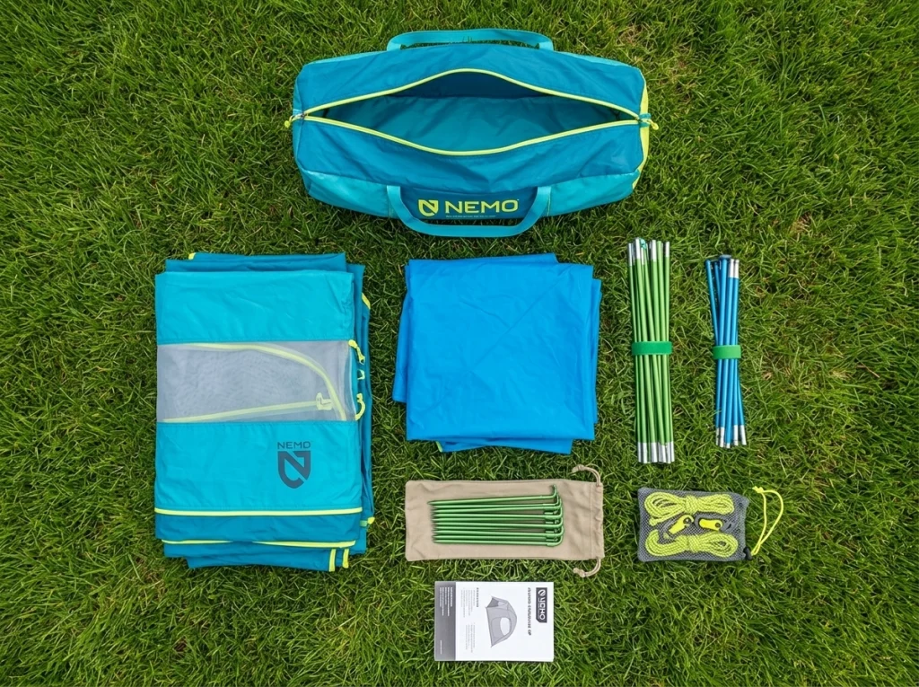 NEMO Aurora Highrise 4P tent components laid out including poles rainfly and stakes