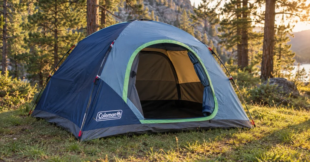 Coleman Skydome 4-person family tents pitched at a forest campsite